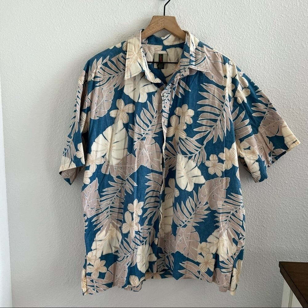 Vintage Tori Richard Blue Cream Pink Floral Leaf Aloha Hawaiian Hawaii S…